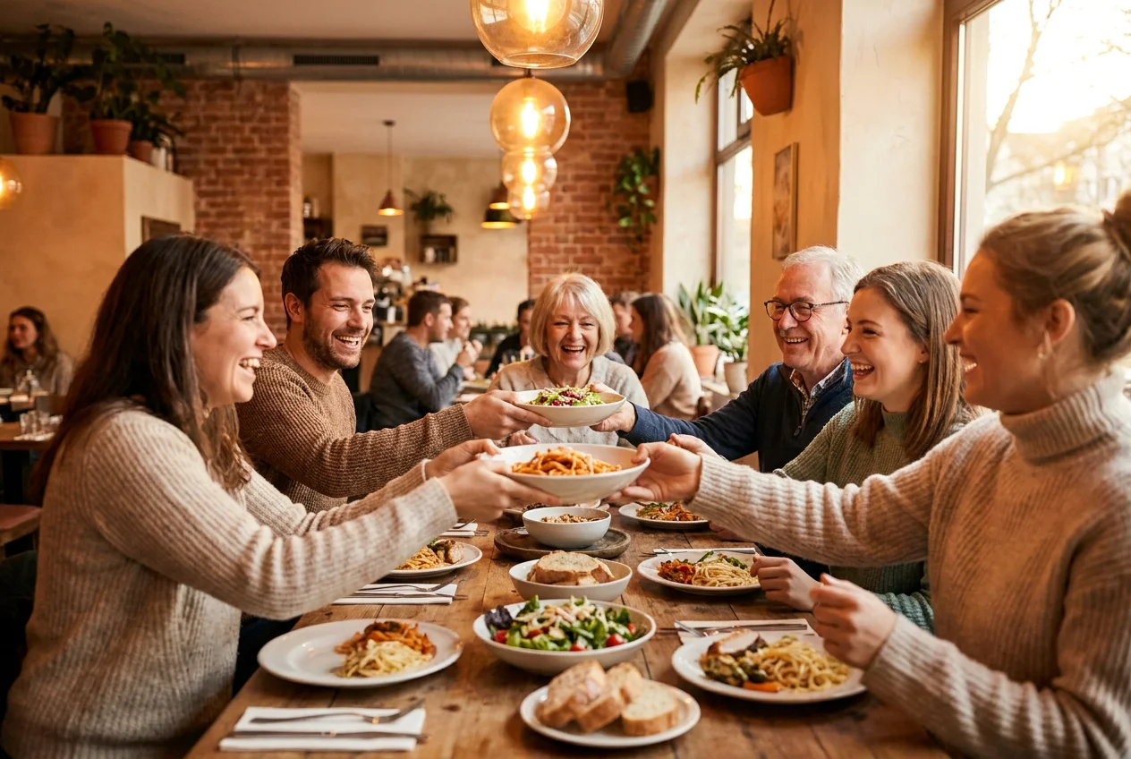 Familia compartiendo una comida en un restaurante