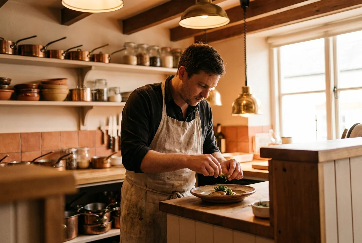 Cocinero emplatando un pedido en la cocina de un restaurante